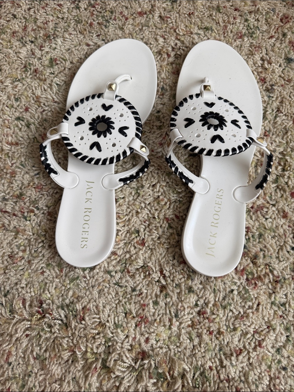 Jack Rogers White Cutout Medallion Sandals with Black Trim